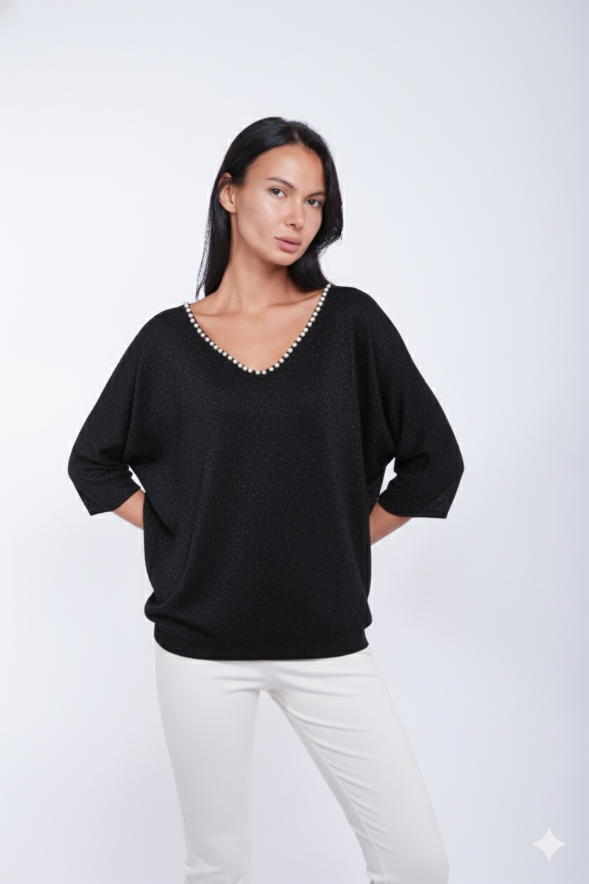 MAGLIA SCOLLO V LUREX PERLINE