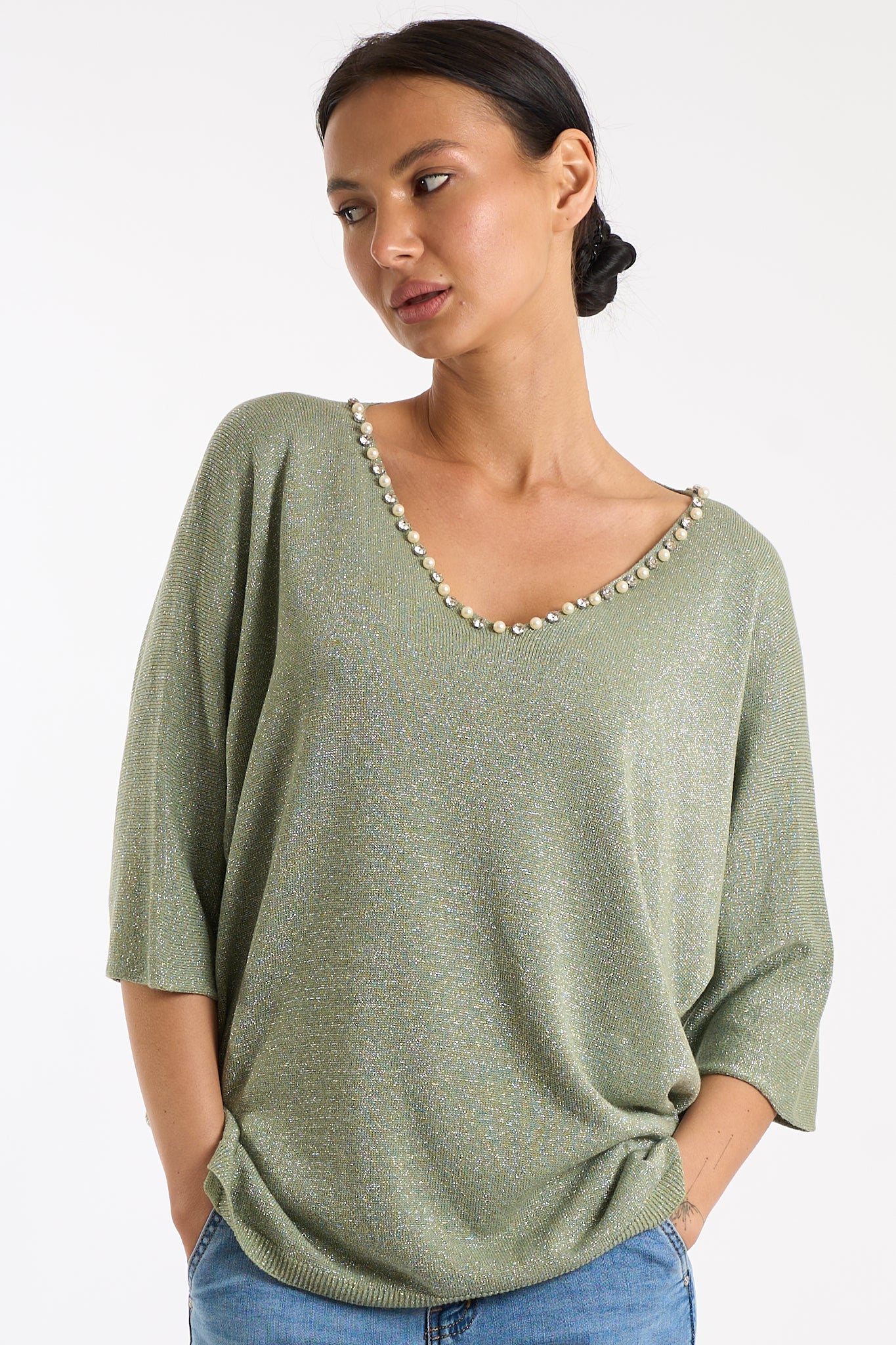 Maglia scollo V perline