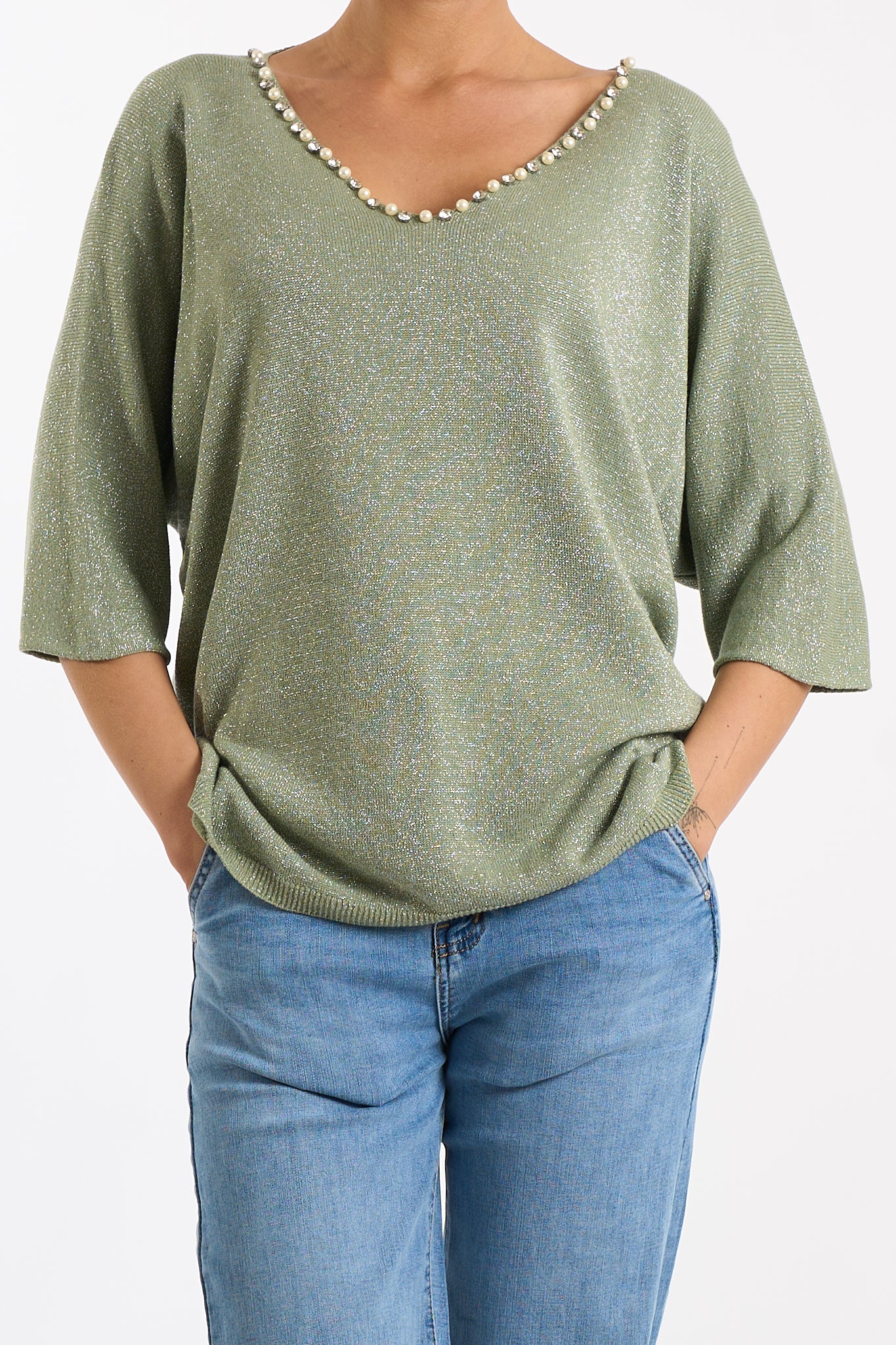 Maglia scollo V perline