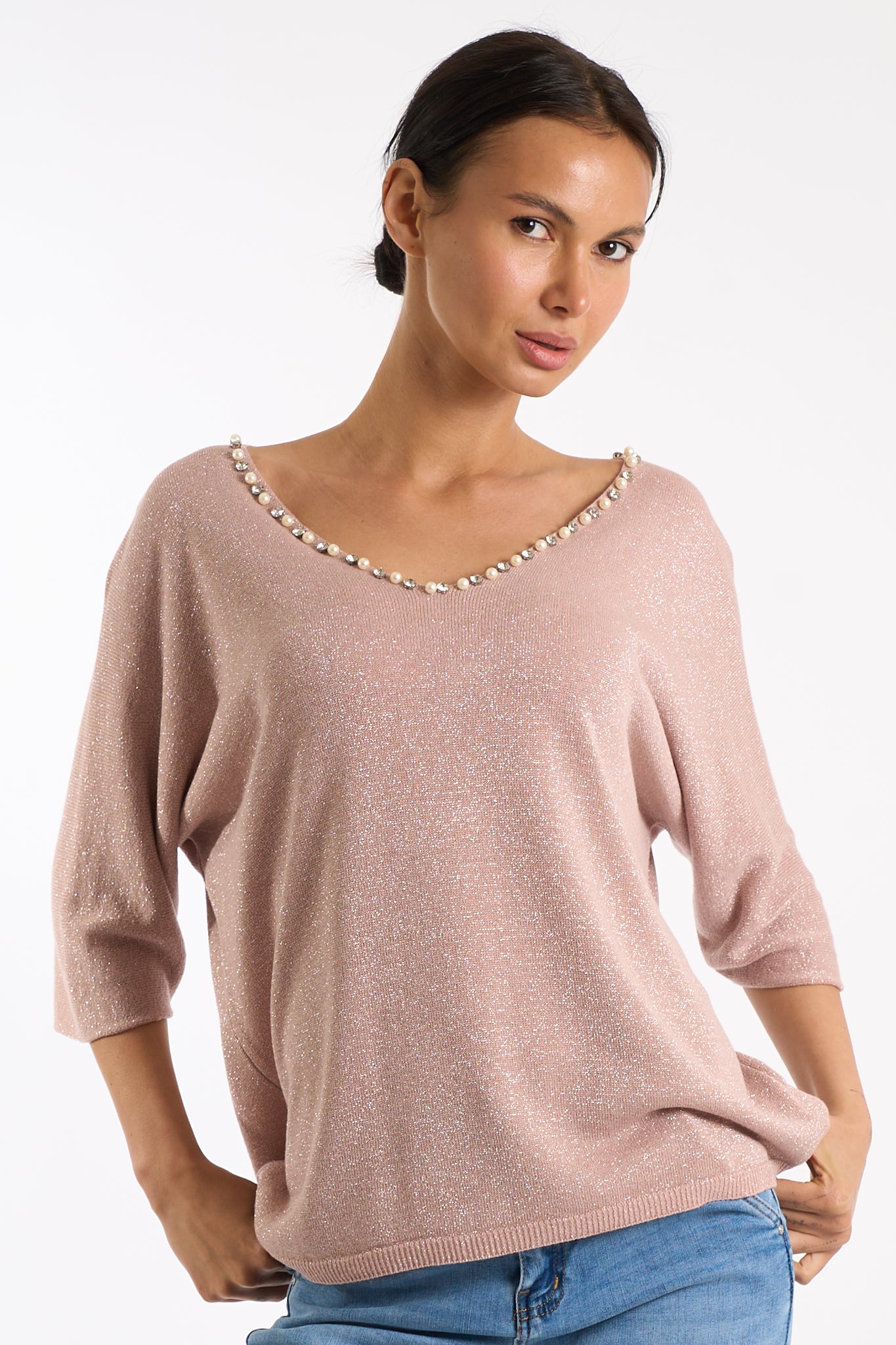 Maglia scollo V perline