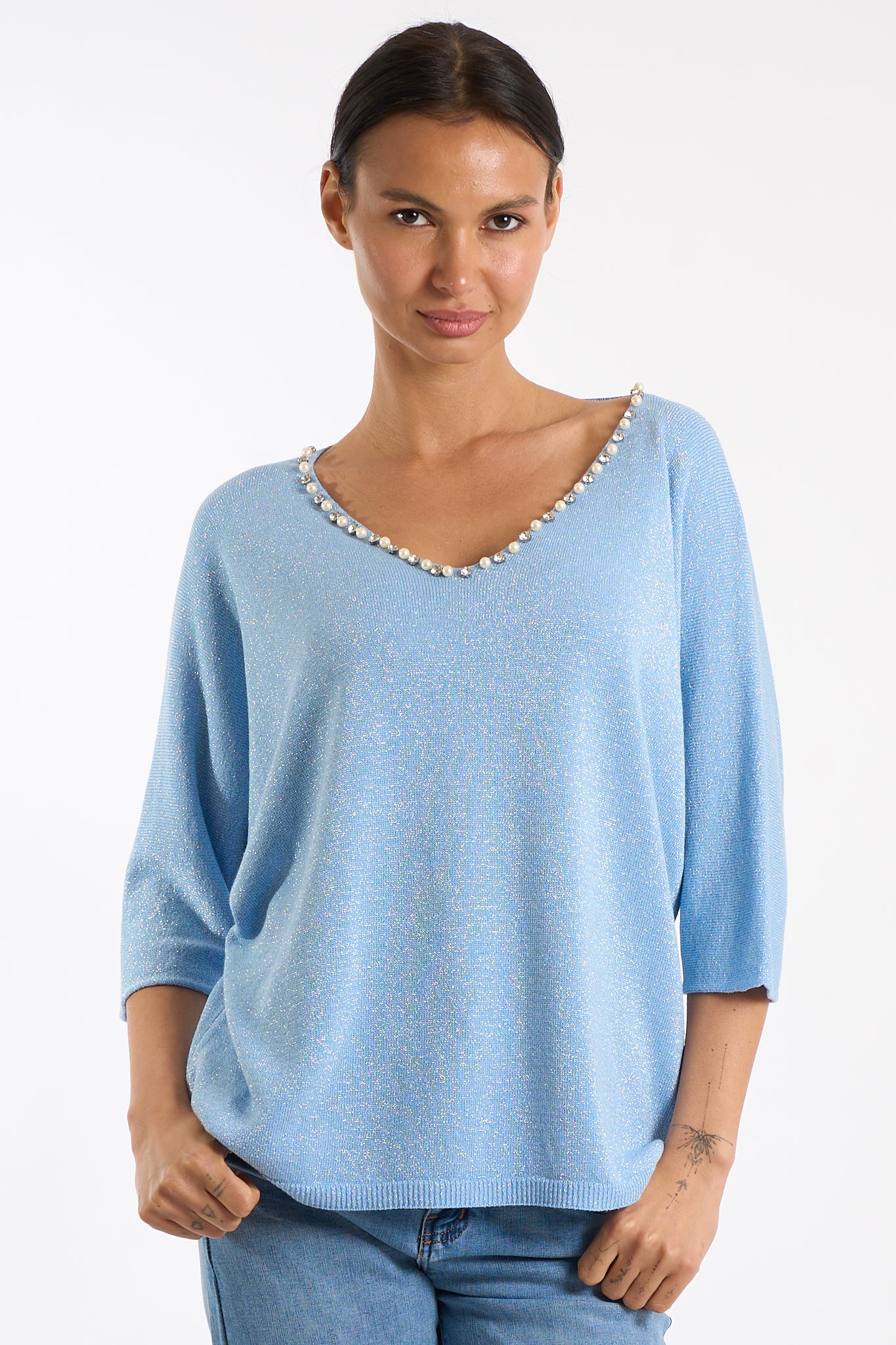 Maglia scollo V perline