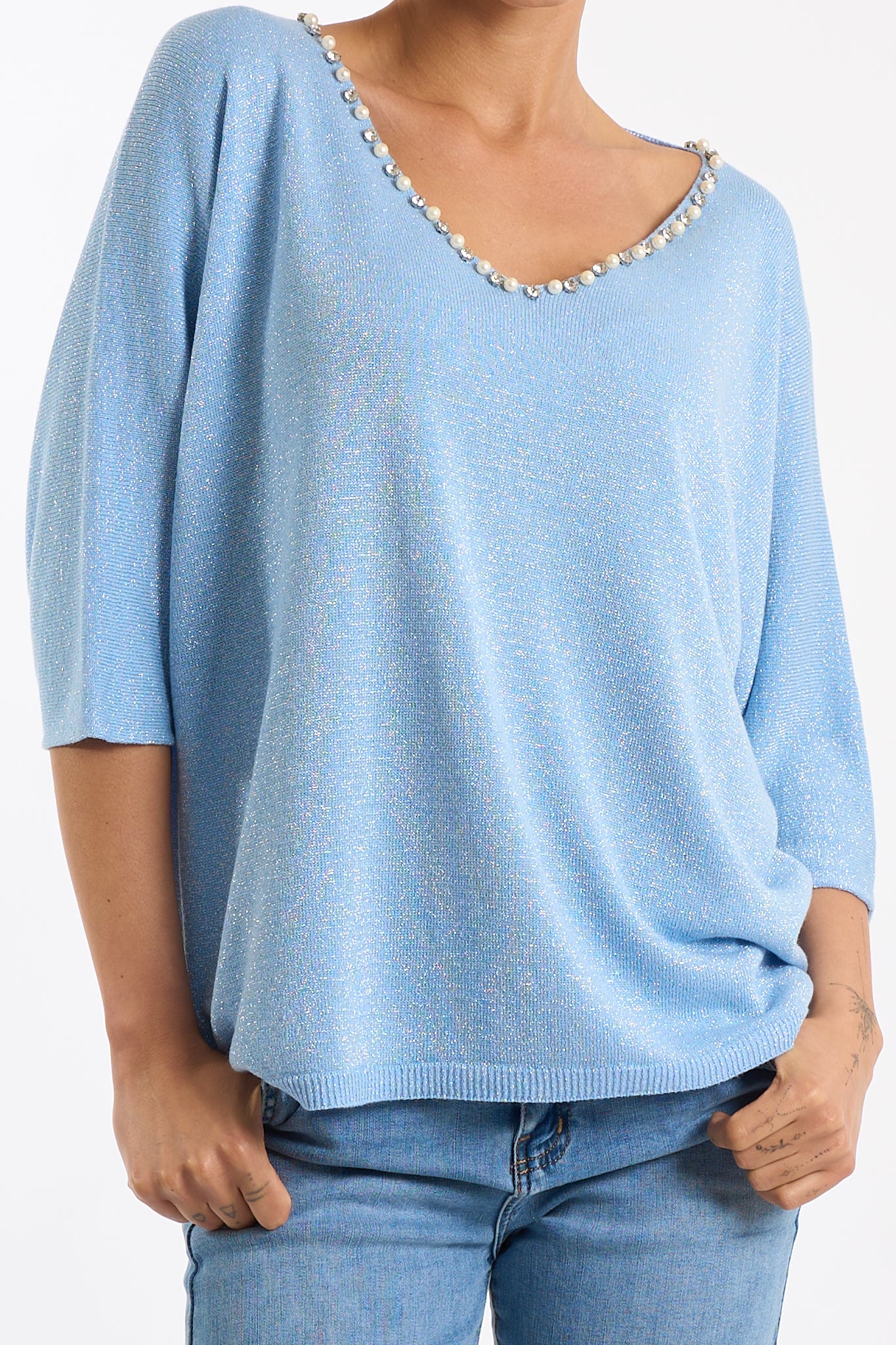 Maglia scollo V perline