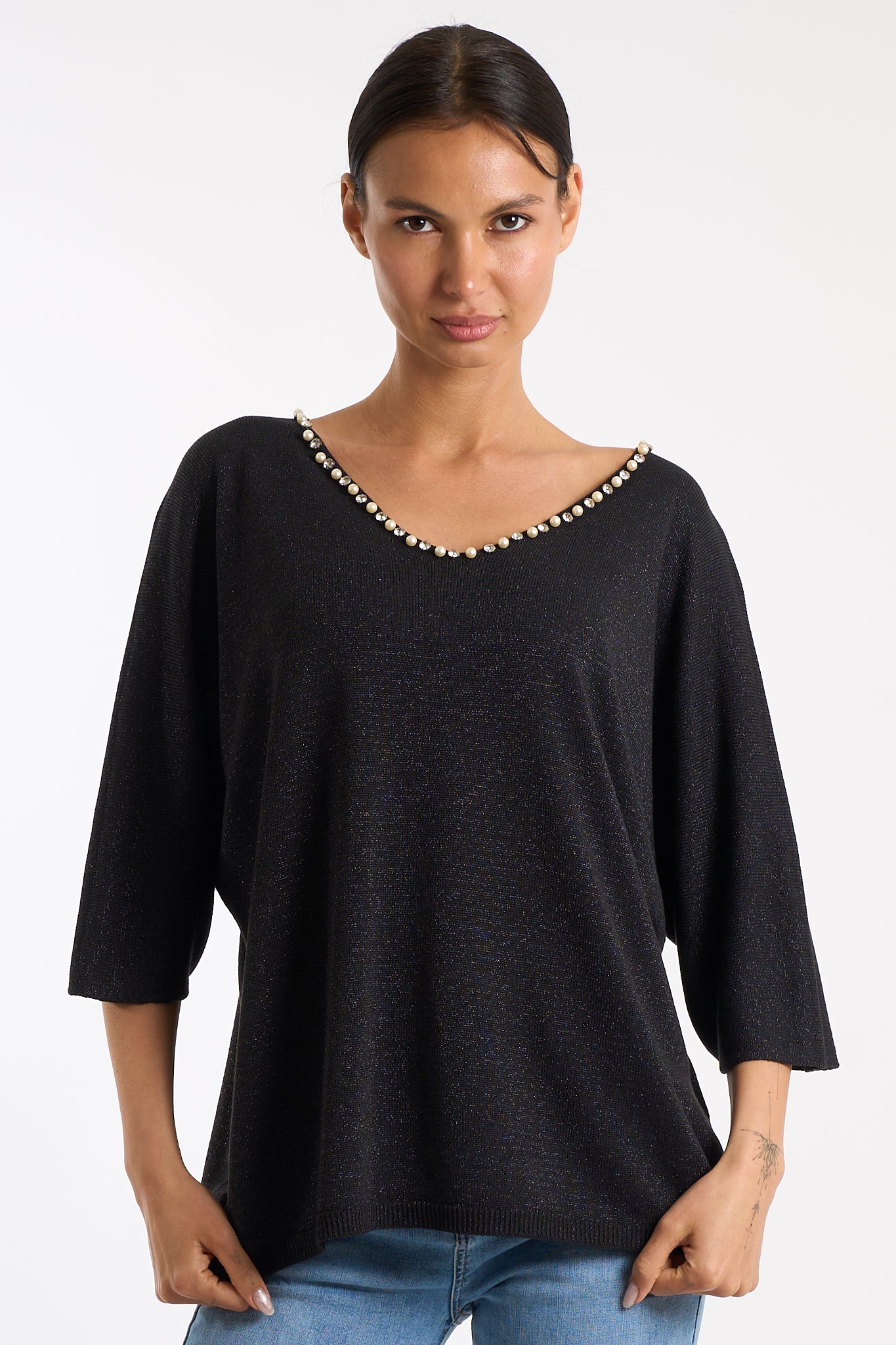 Maglia scollo V perline