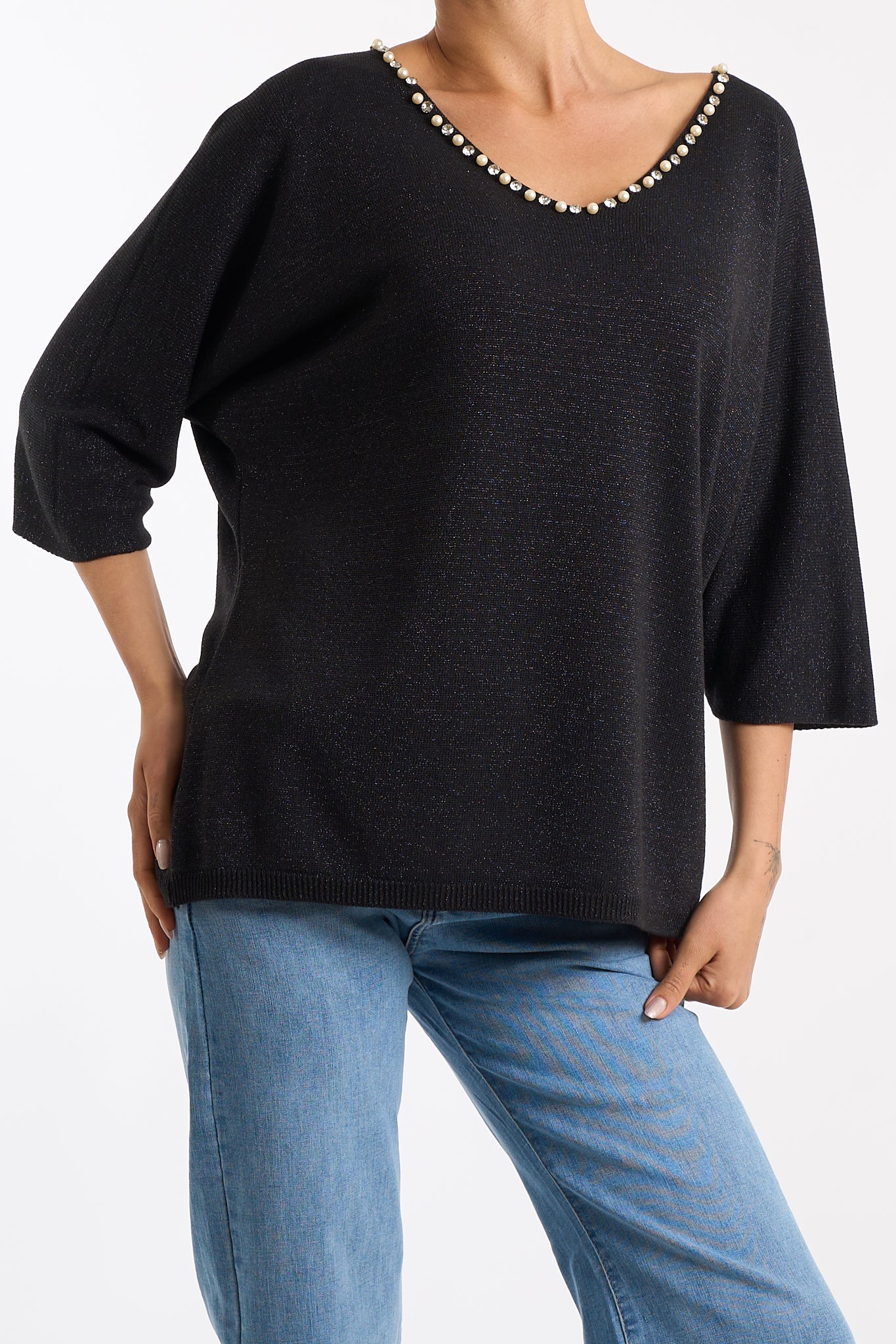 Maglia scollo V perline