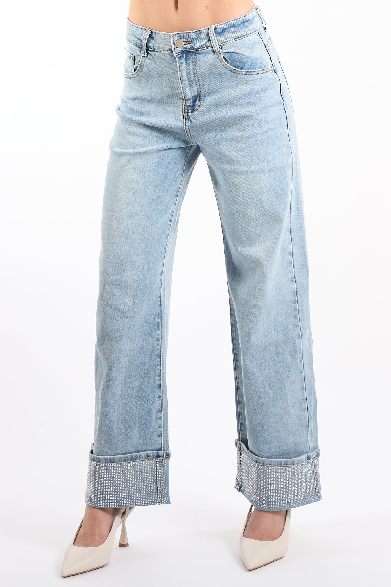 Jeans risvolto strass