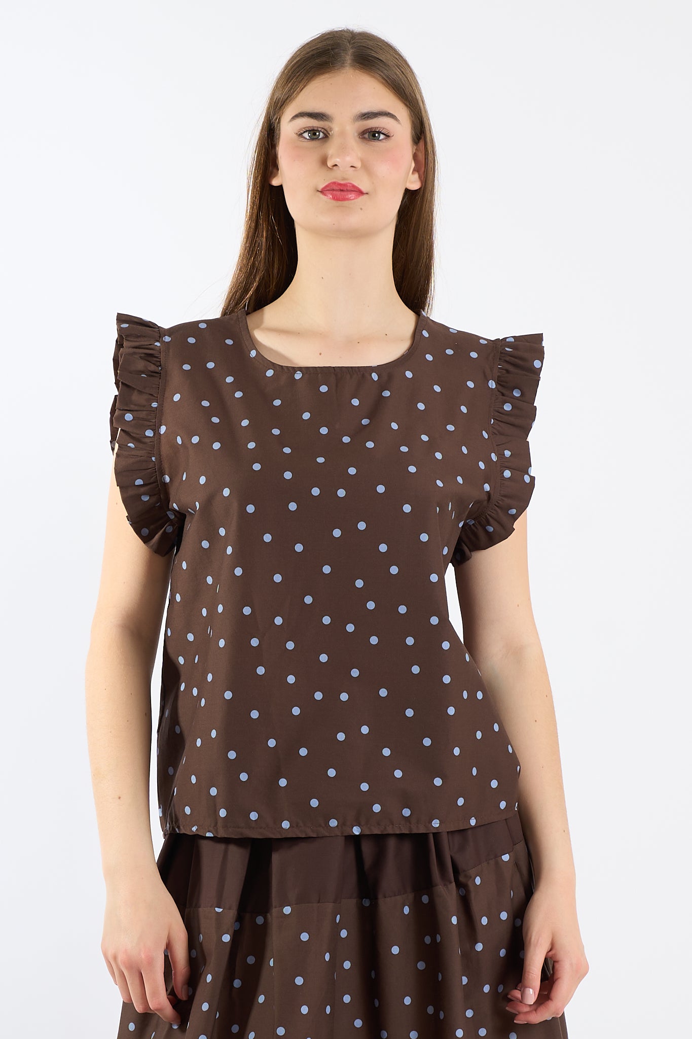 Top manica rouches pois