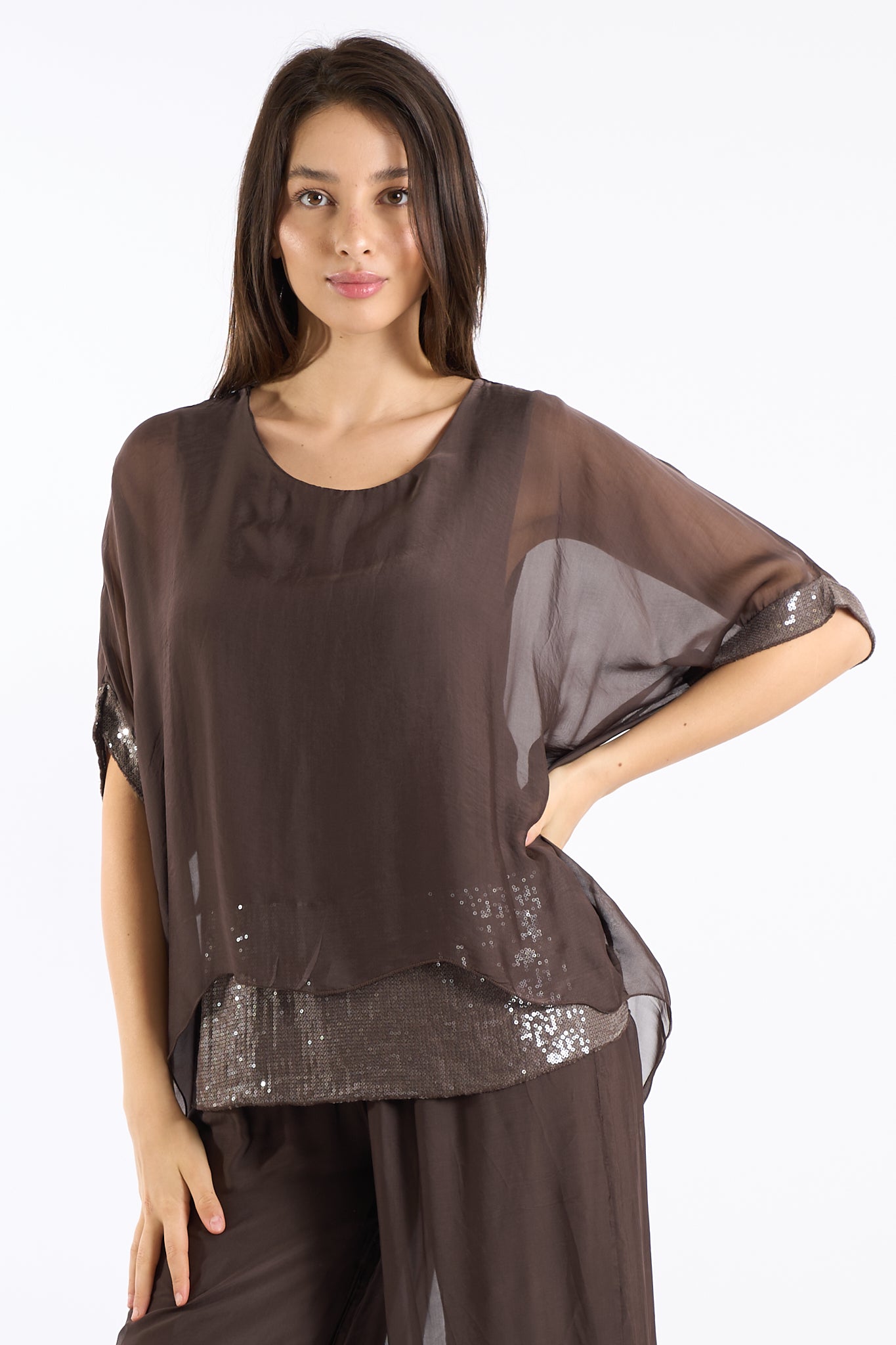 Blusa manica paillettes seta