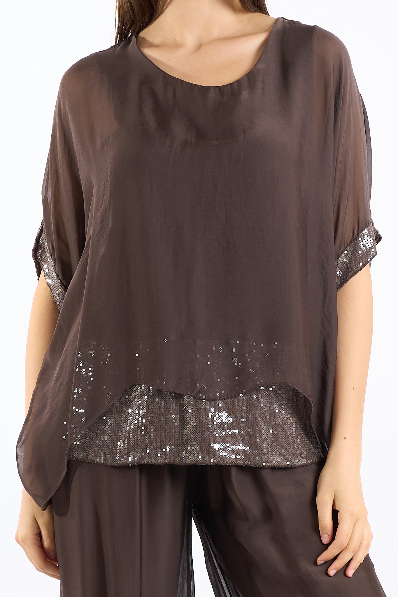 Blusa manica paillettes seta