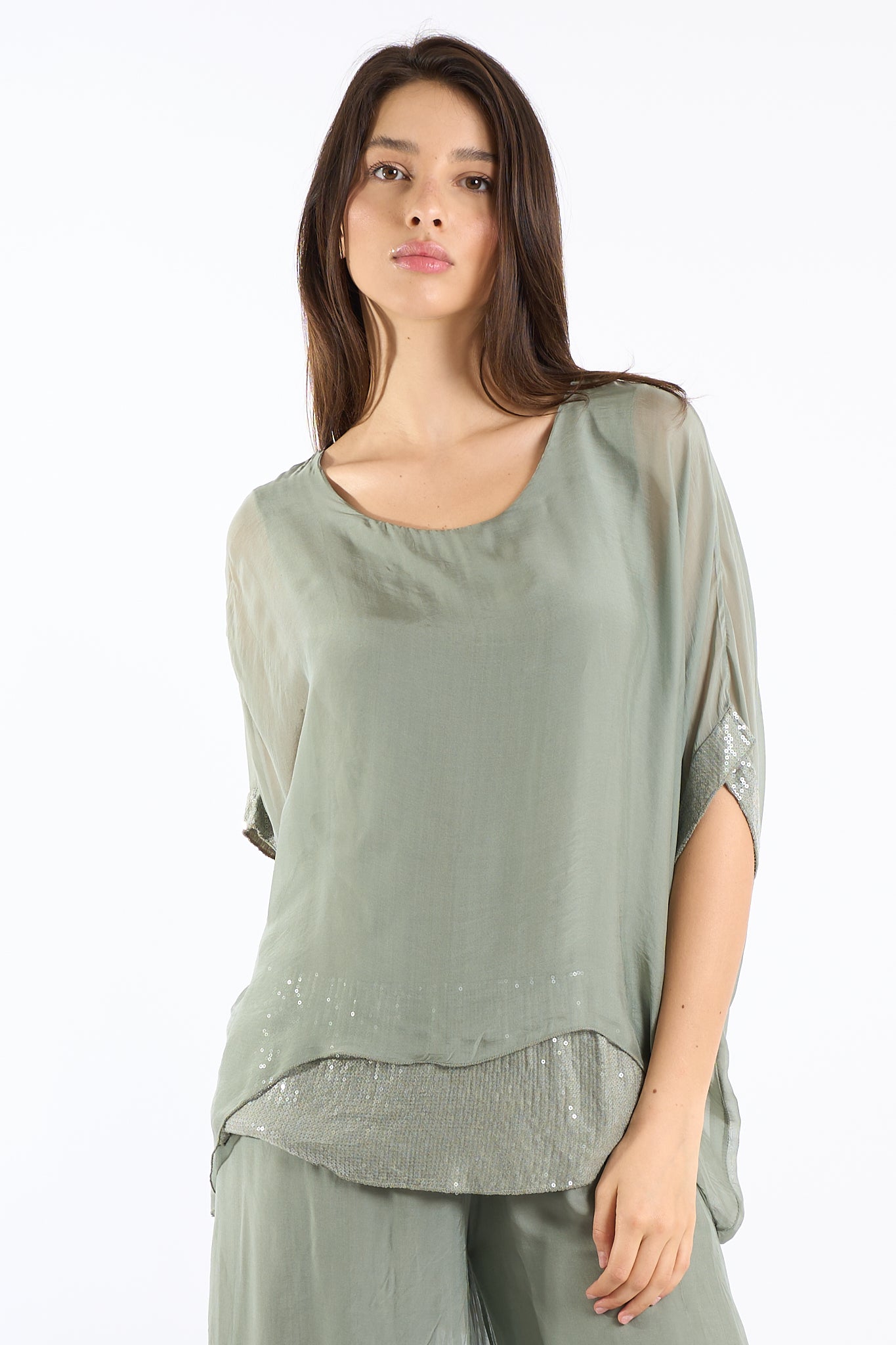 Blusa manica paillettes seta