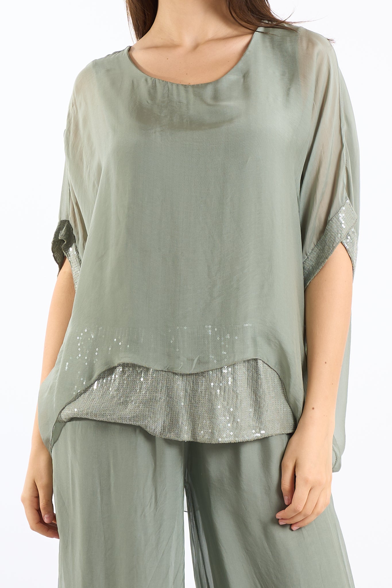 Blusa manica paillettes seta