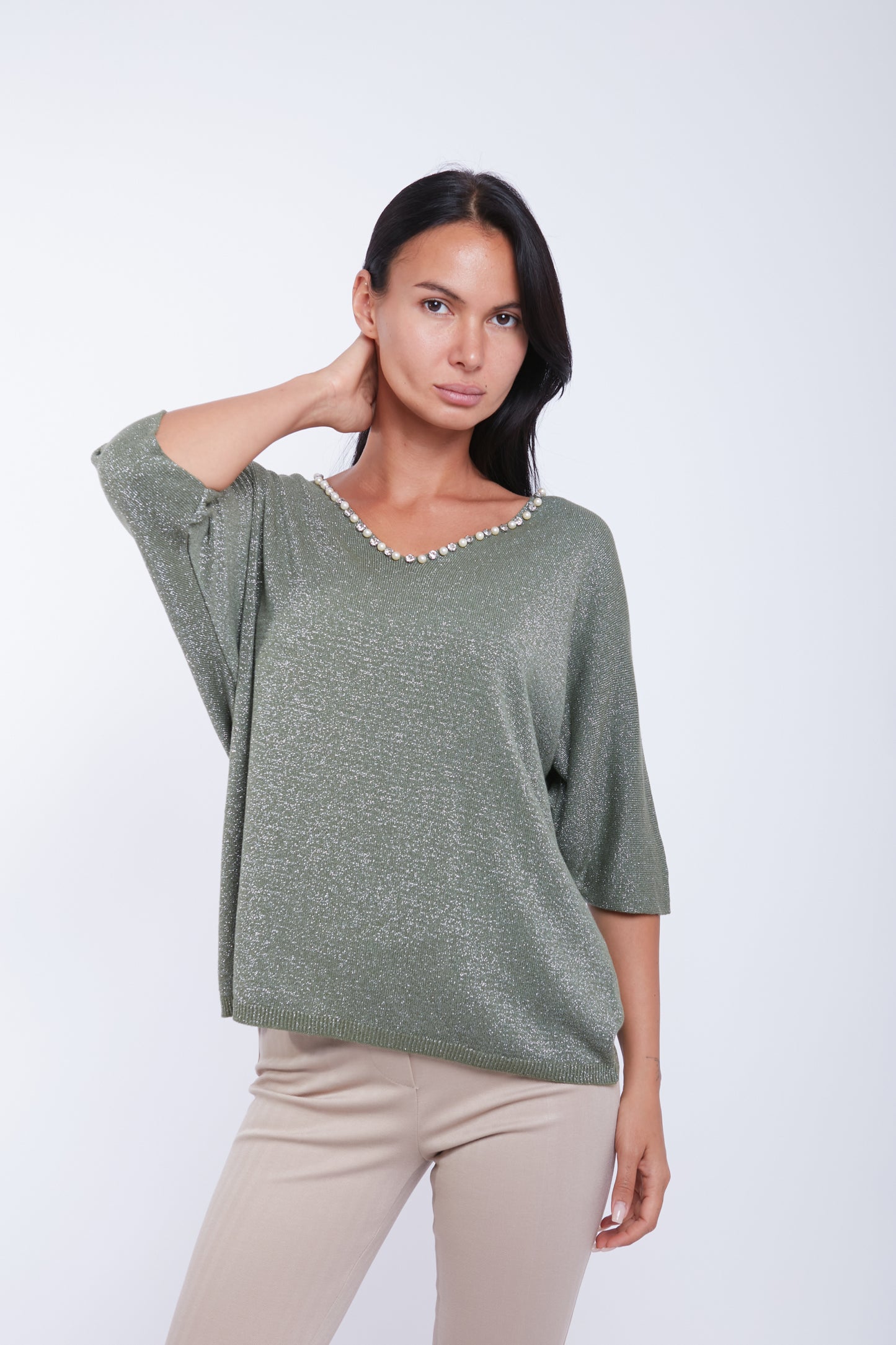 MAGLIA SCOLLO V LUREX PERLINE