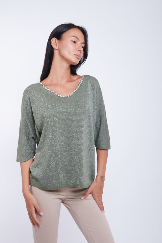 MAGLIA SCOLLO V LUREX PERLINE