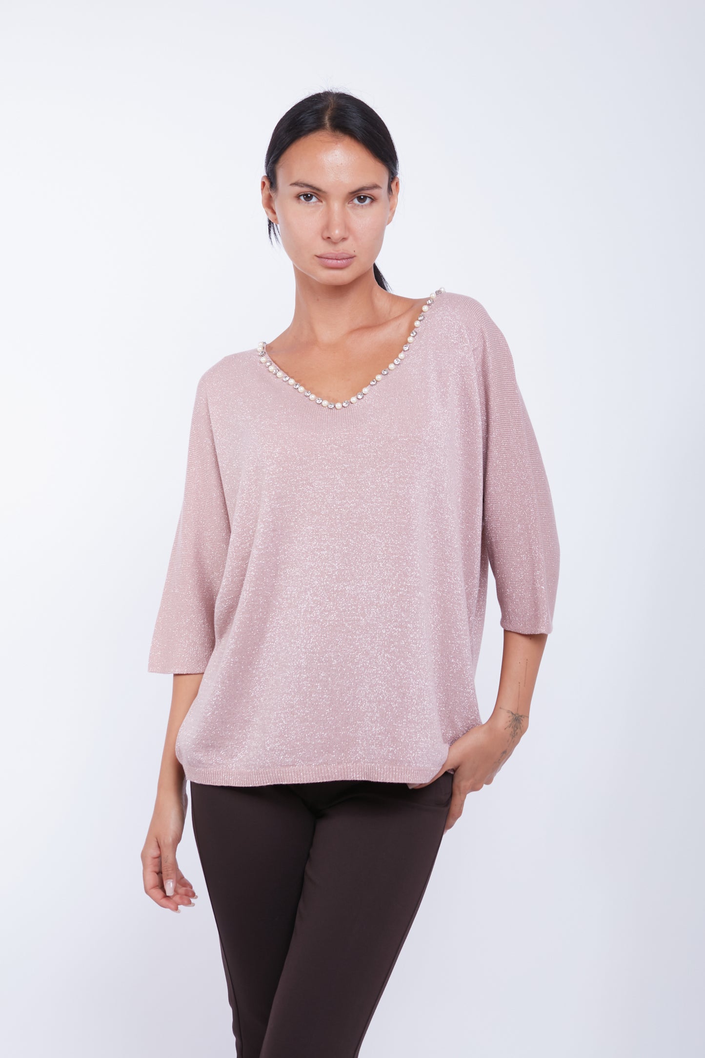 MAGLIA SCOLLO V LUREX PERLINE