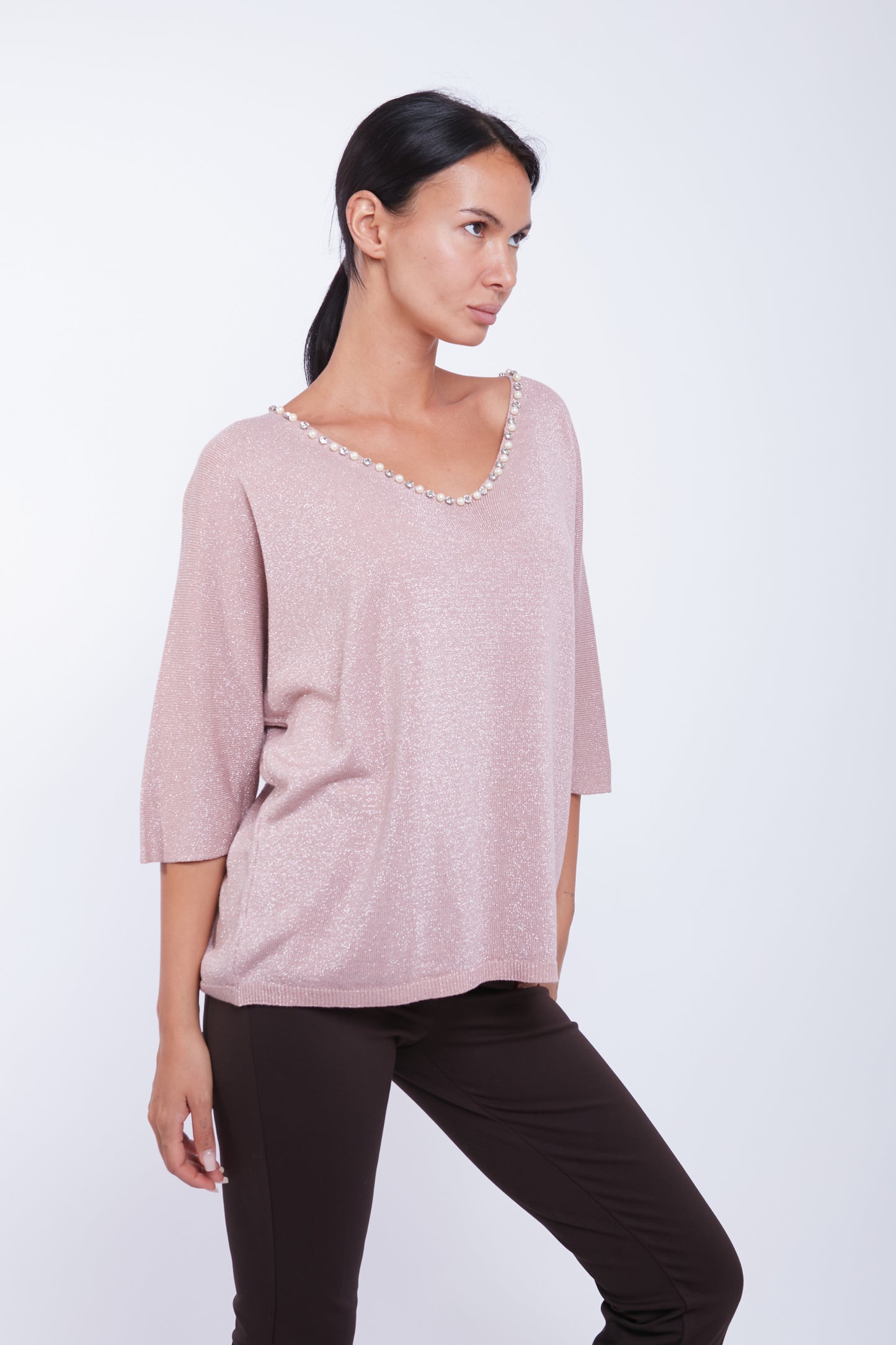 MAGLIA SCOLLO V LUREX PERLINE