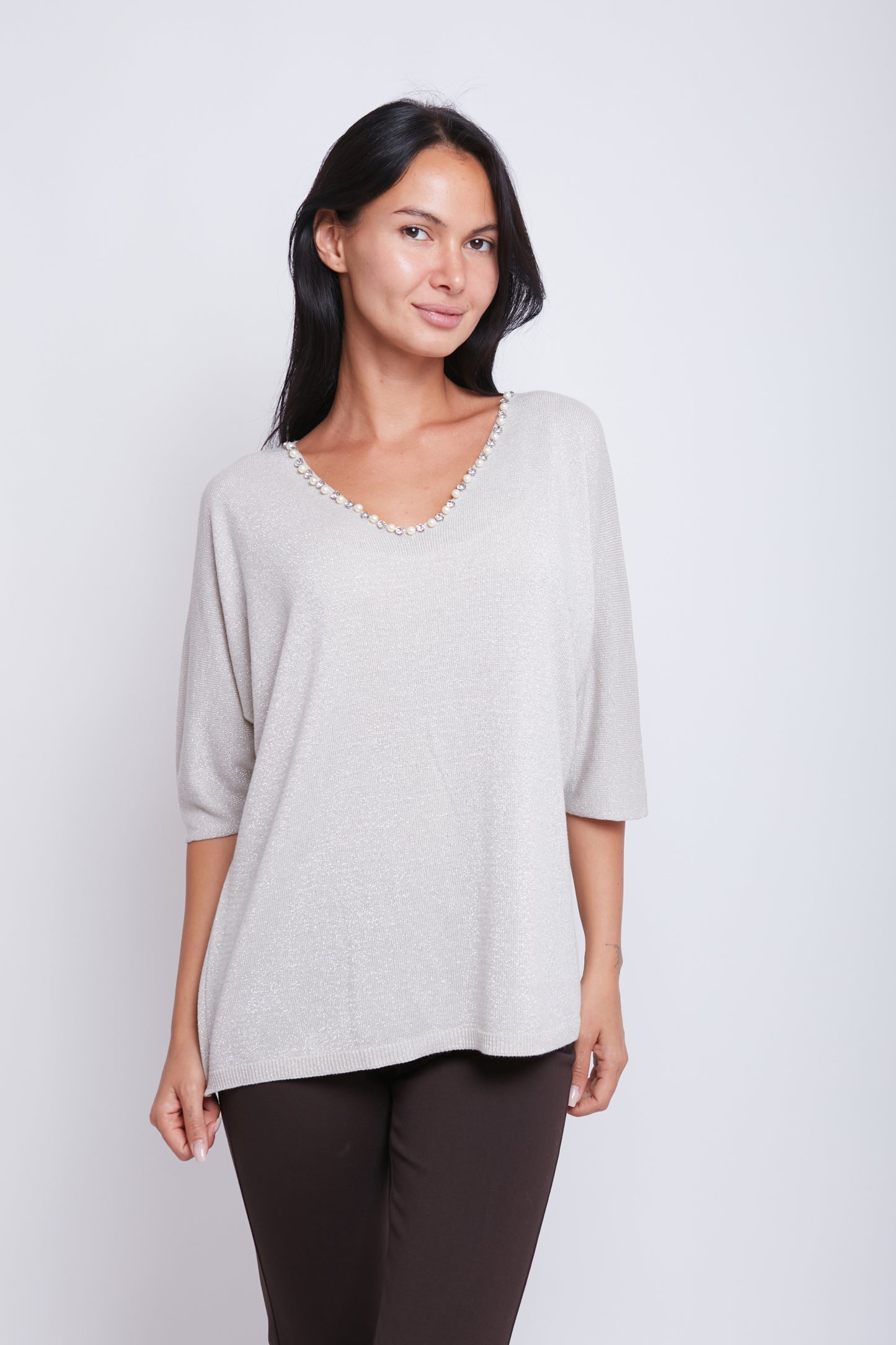 MAGLIA SCOLLO V LUREX PERLINE