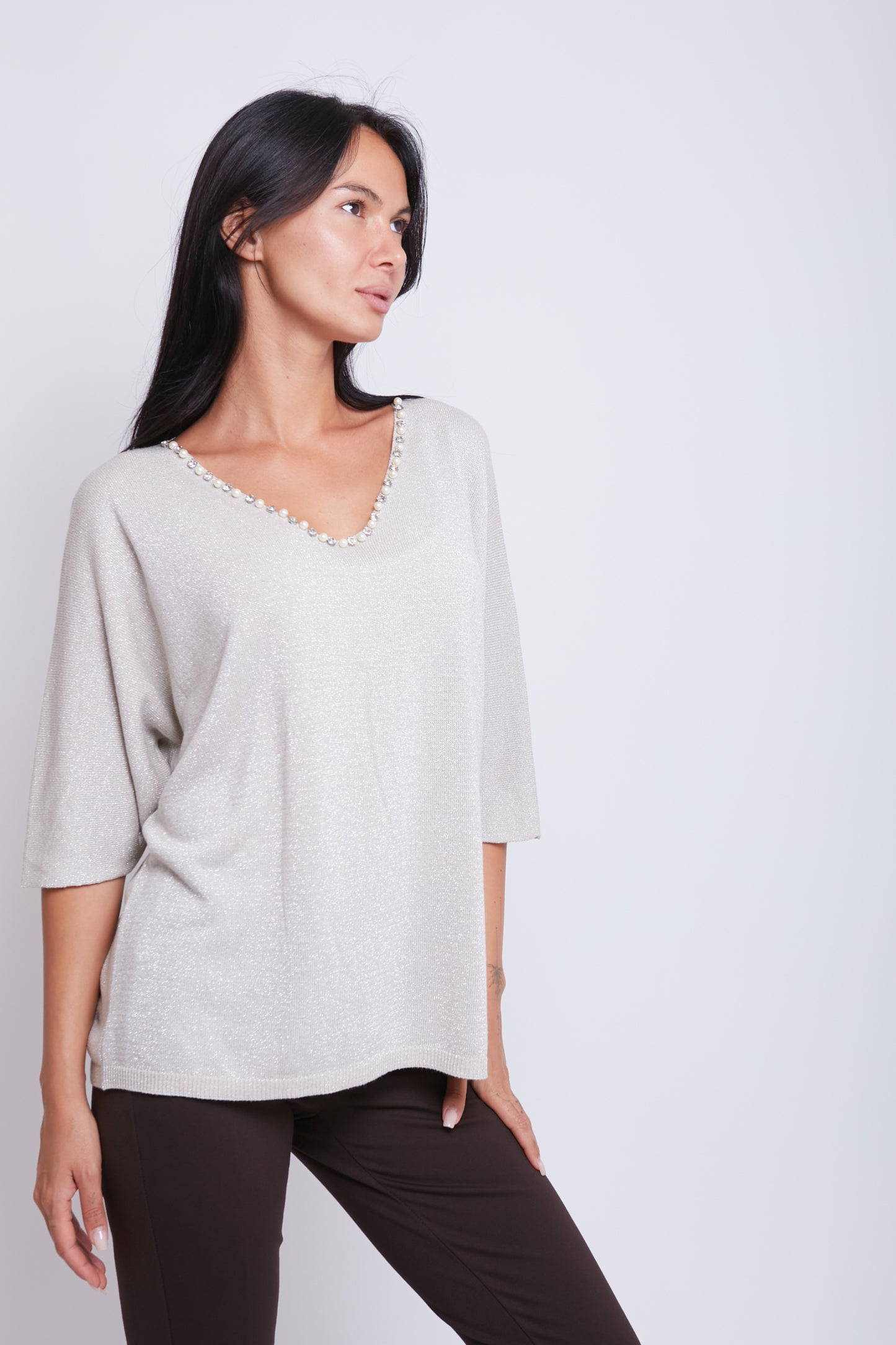 MAGLIA SCOLLO V LUREX PERLINE