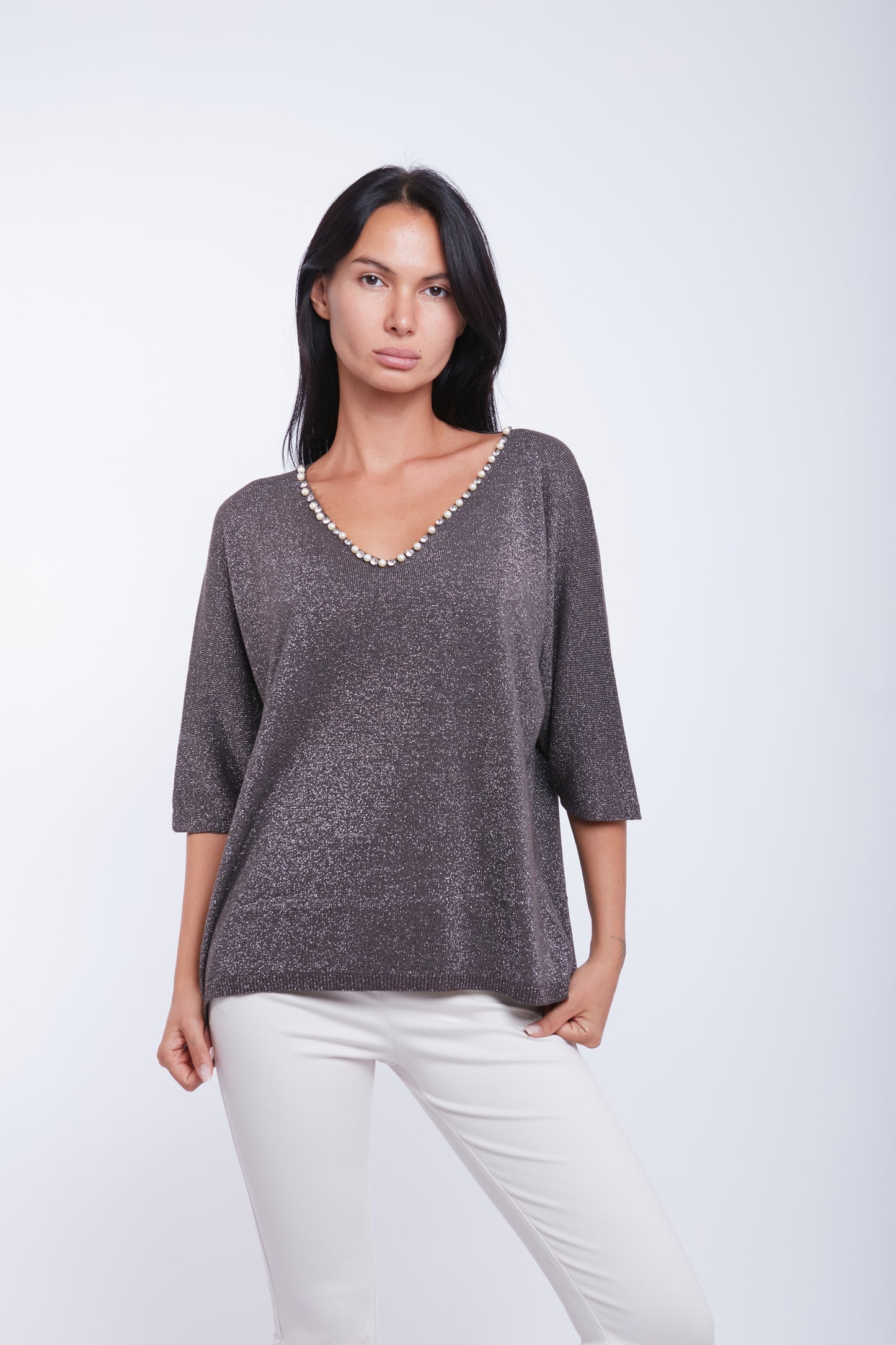 MAGLIA SCOLLO V LUREX PERLINE
