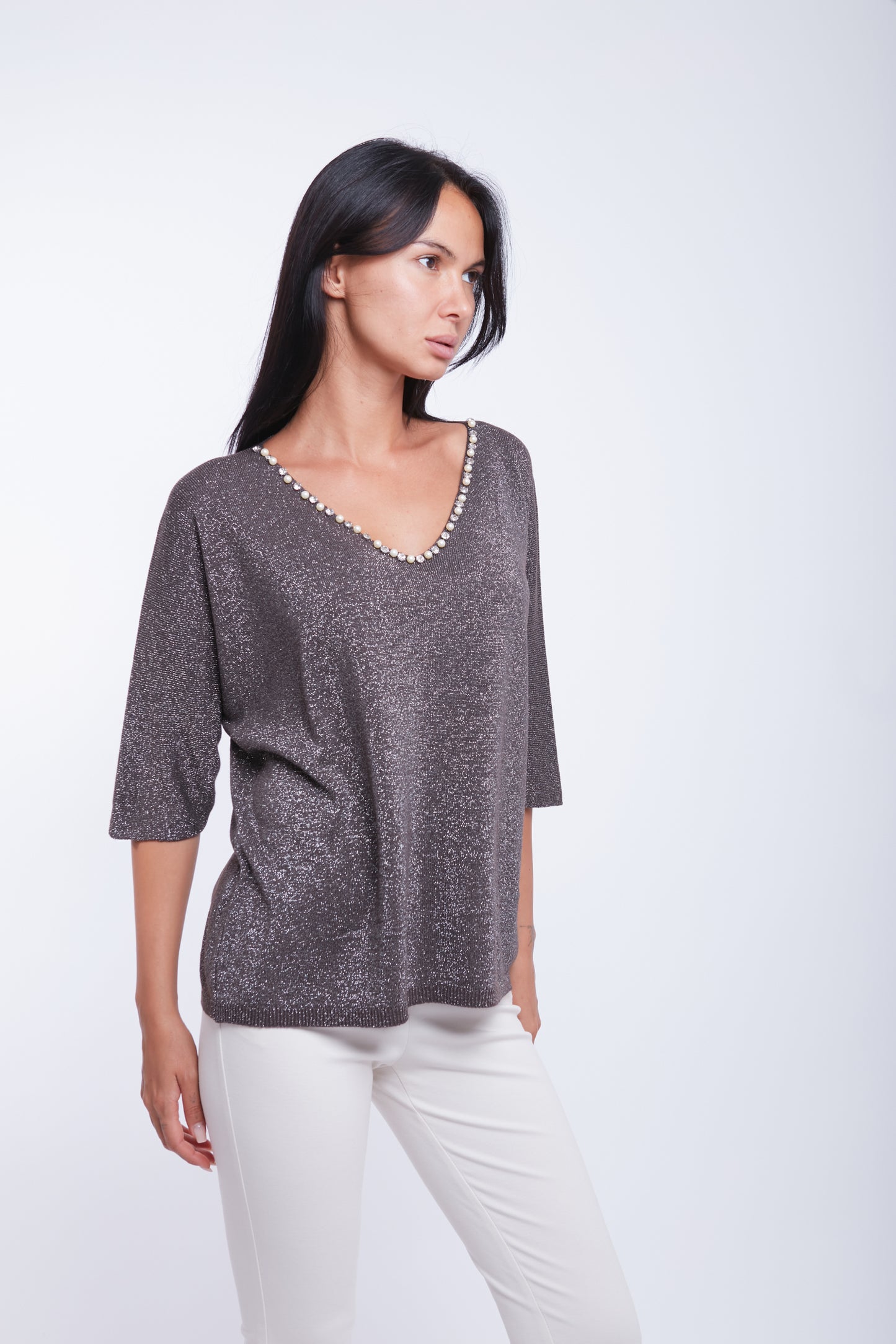 MAGLIA SCOLLO V LUREX PERLINE
