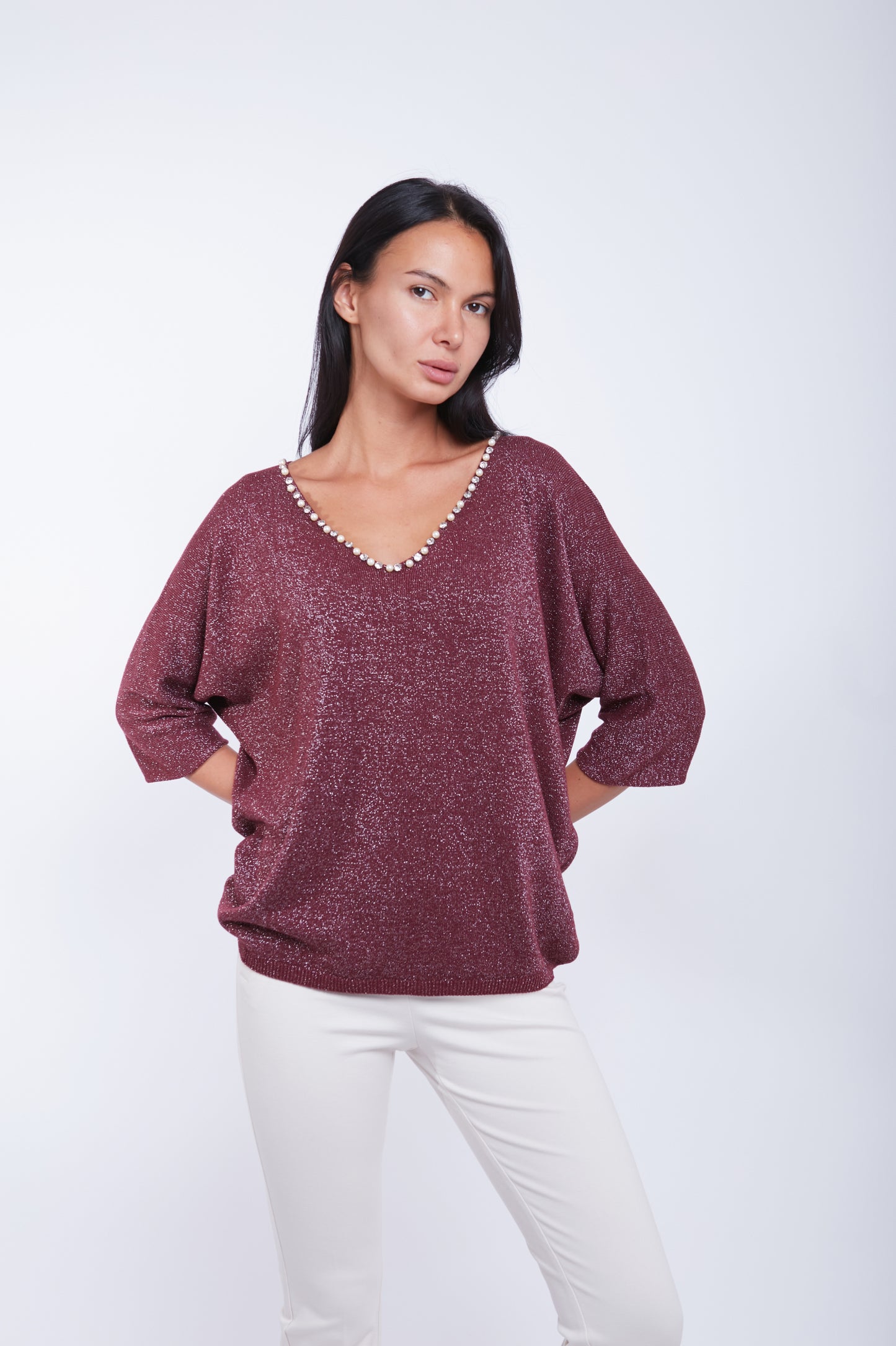 MAGLIA SCOLLO V LUREX PERLINE