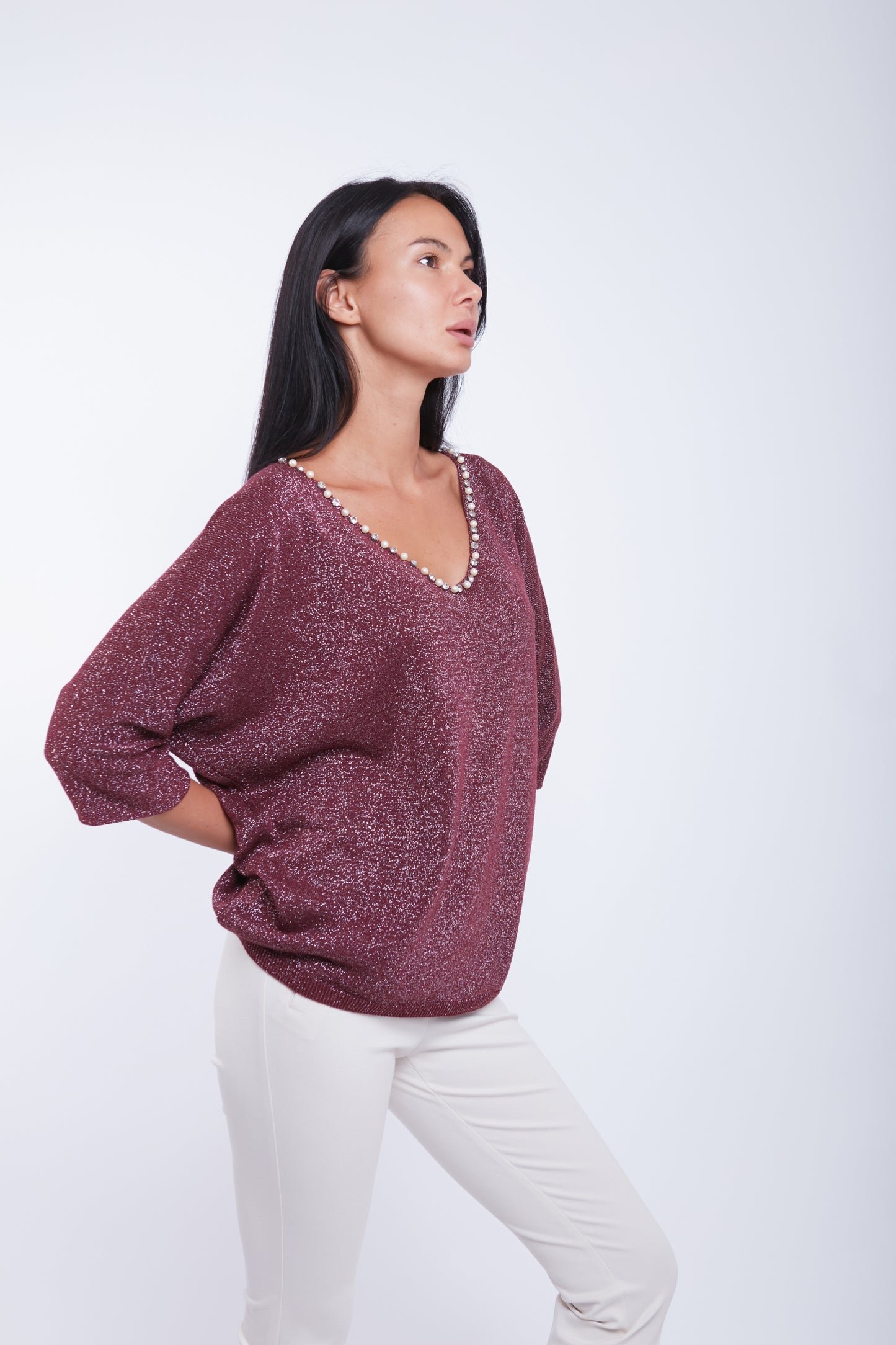 MAGLIA SCOLLO V LUREX PERLINE