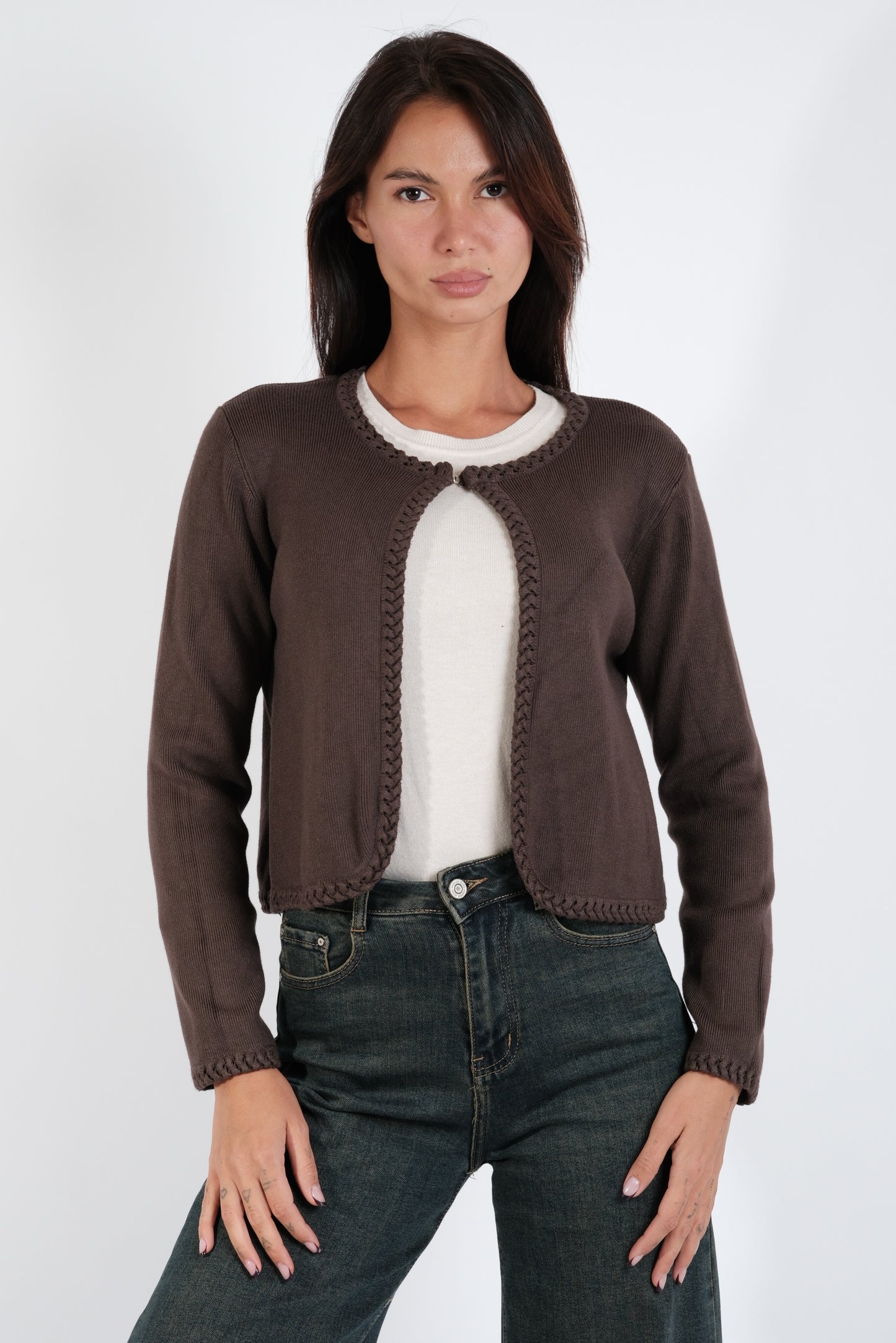 CARDIGAN CORTO CON BORDI TRECCE