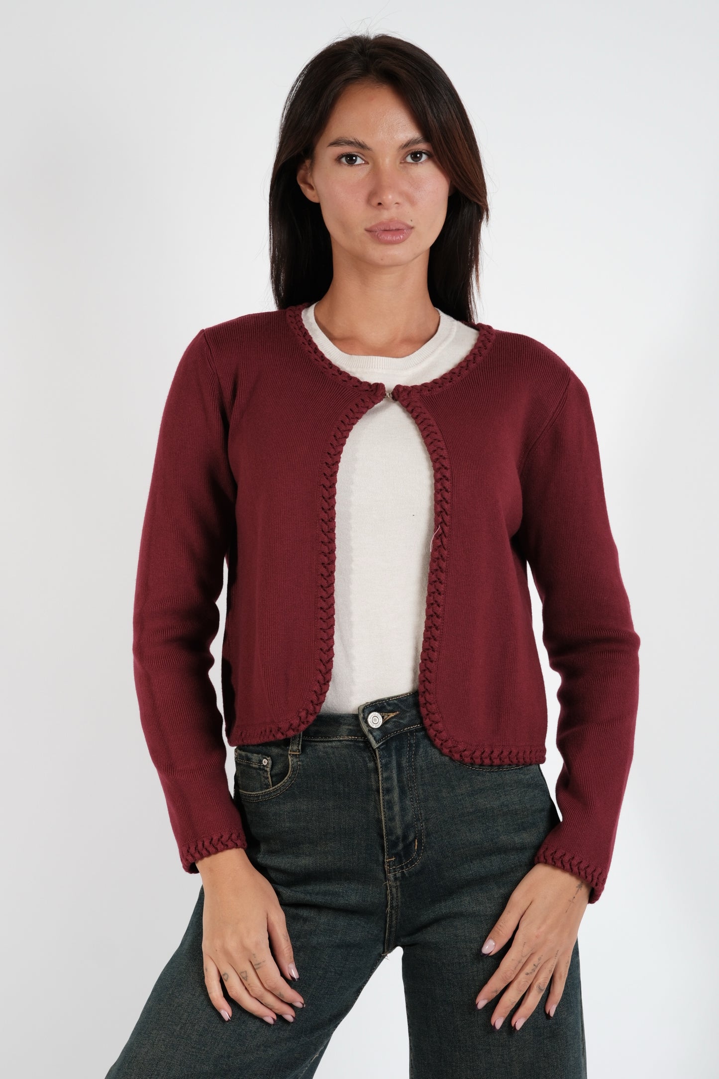 CARDIGAN CORTO CON BORDI TRECCE