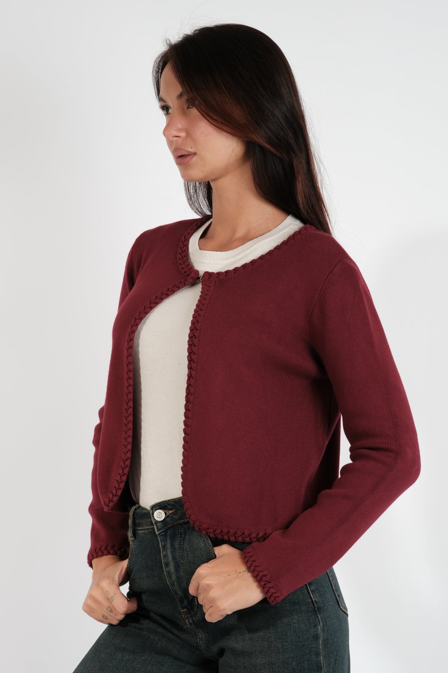 CARDIGAN CORTO CON BORDI TRECCE