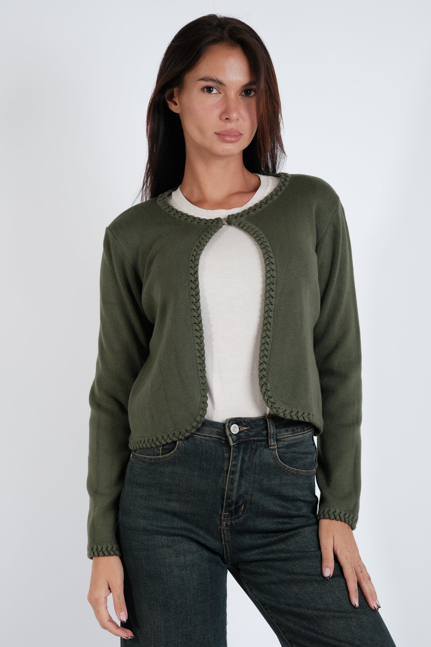 CARDIGAN CORTO CON BORDI TRECCE