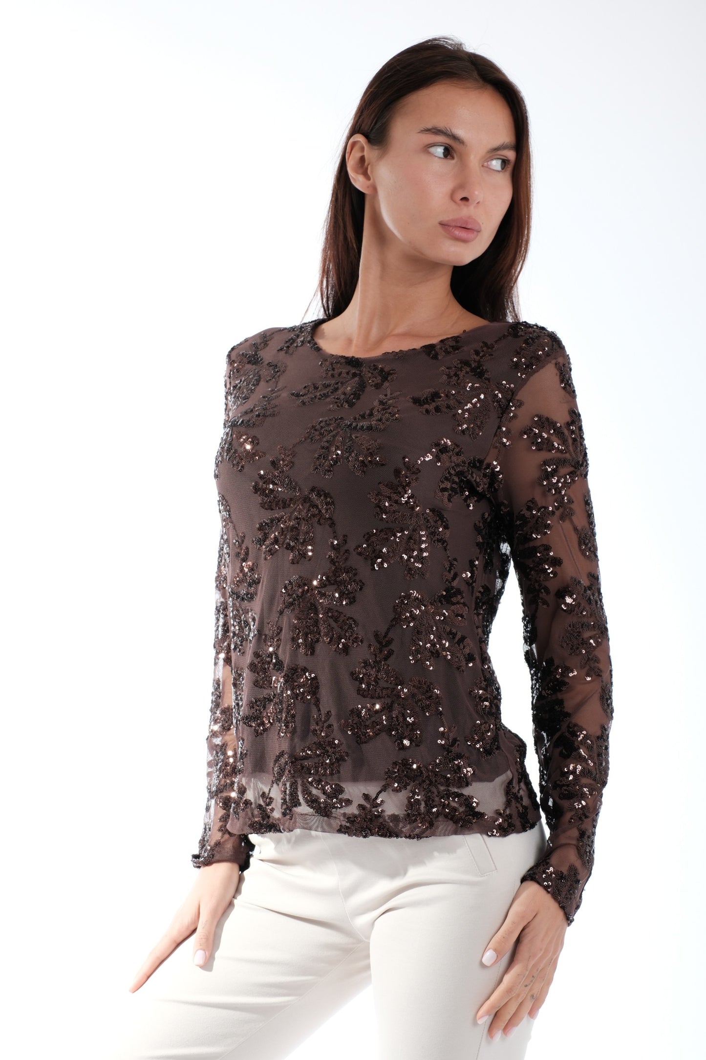 BLUSA VELATA CON PAILLETTES|Colore:Moro