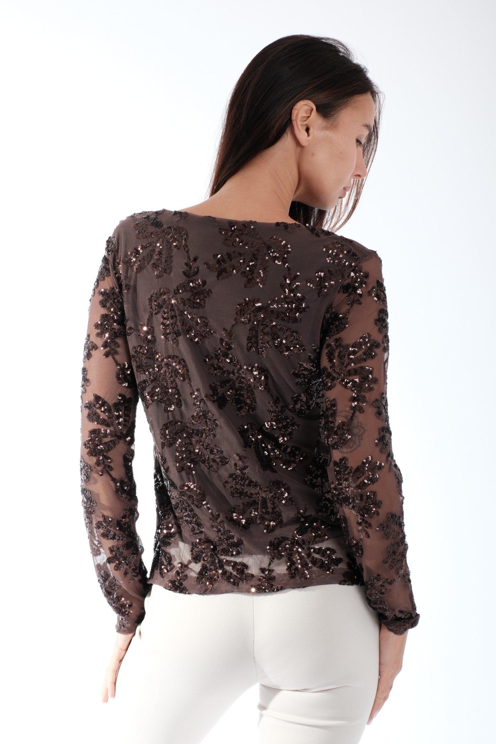BLUSA VELATA CON PAILLETTES|Colore:Moro