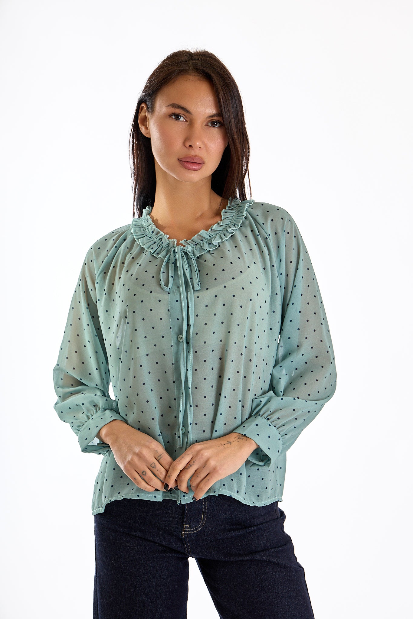 CAMICIA COLLO ARRICCIATO POIS|Colore:Menta