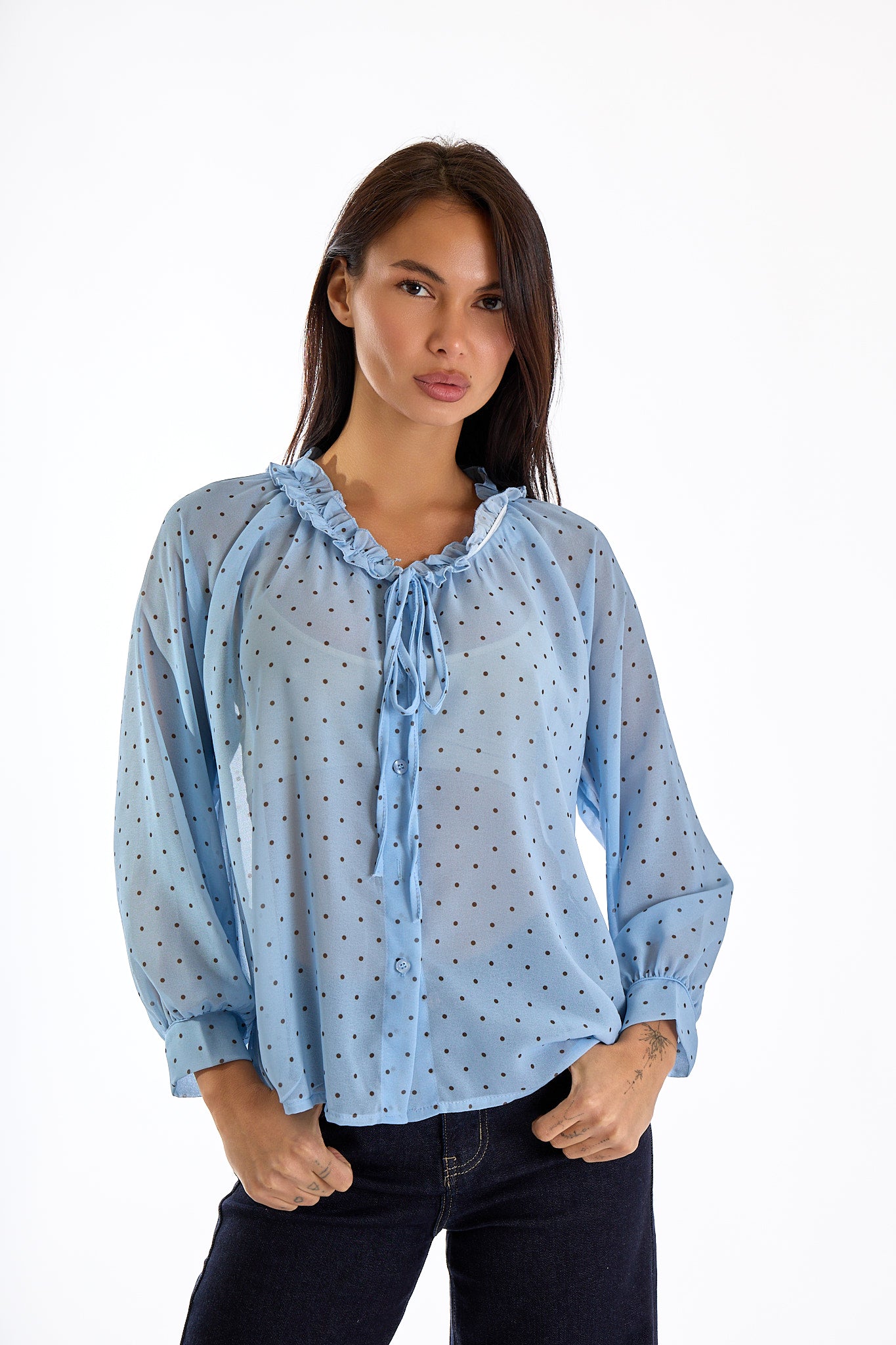 CAMICIA COLLO ARRICCIATO POIS|Colore:Celeste