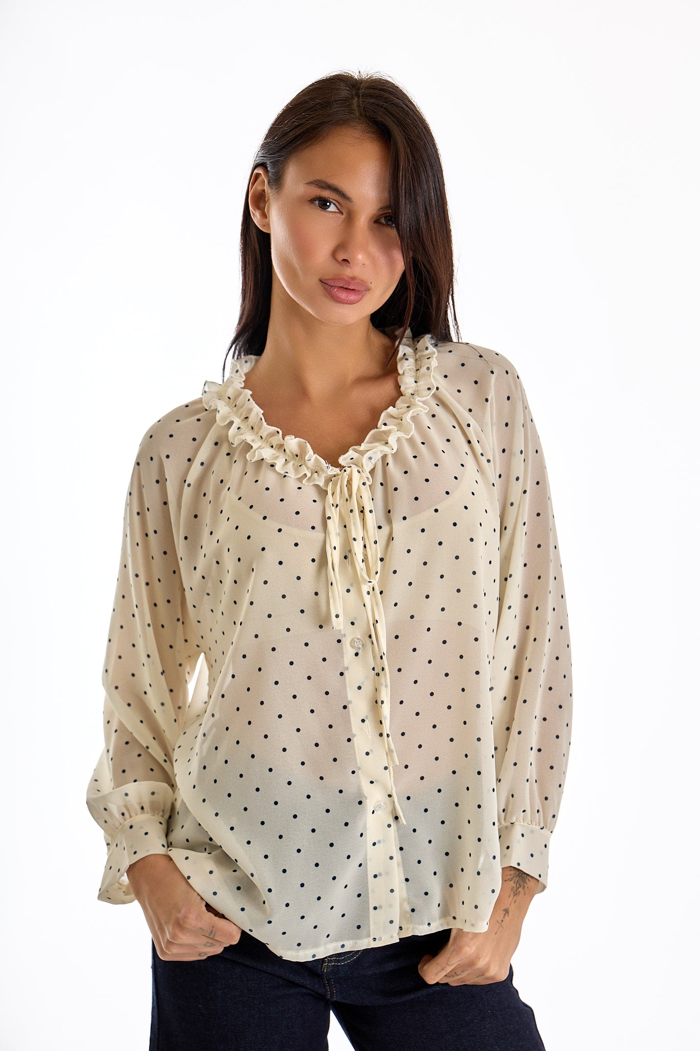 CAMICIA COLLO ARRICCIATO POIS|Colore:Avorio